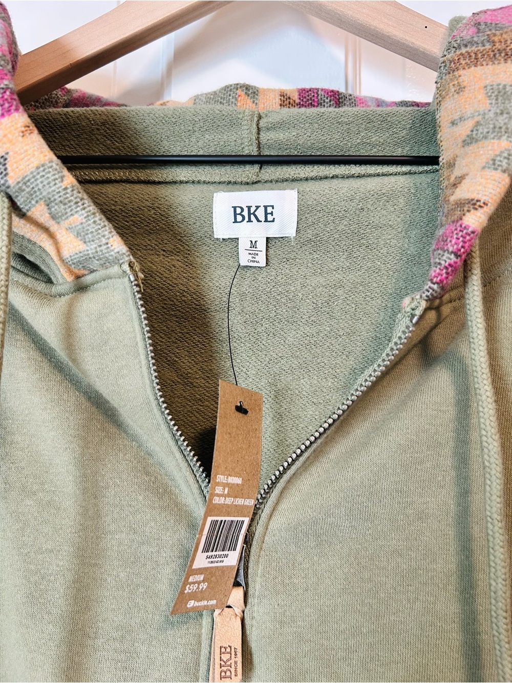 NWT BKE Deep Lichen Green Southwestern Pieced Full Zip Hoodie M - Picture 3 of 8